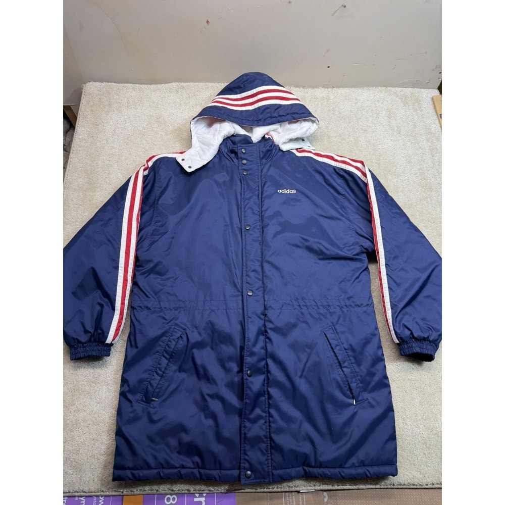 Vintage Adidas USA Trefoil Strip Puffer Jacket Mens XL Blue Big Logo Hooded